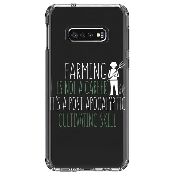 DistinctInk Clear Shockproof Hybrid Case for Samsung Galaxy S10e (5.8" Screen) - TPU Bumper Acrylic Back Tempered Glass Screen Protector - Farming is Not a Career Post Apocalyptic Skill