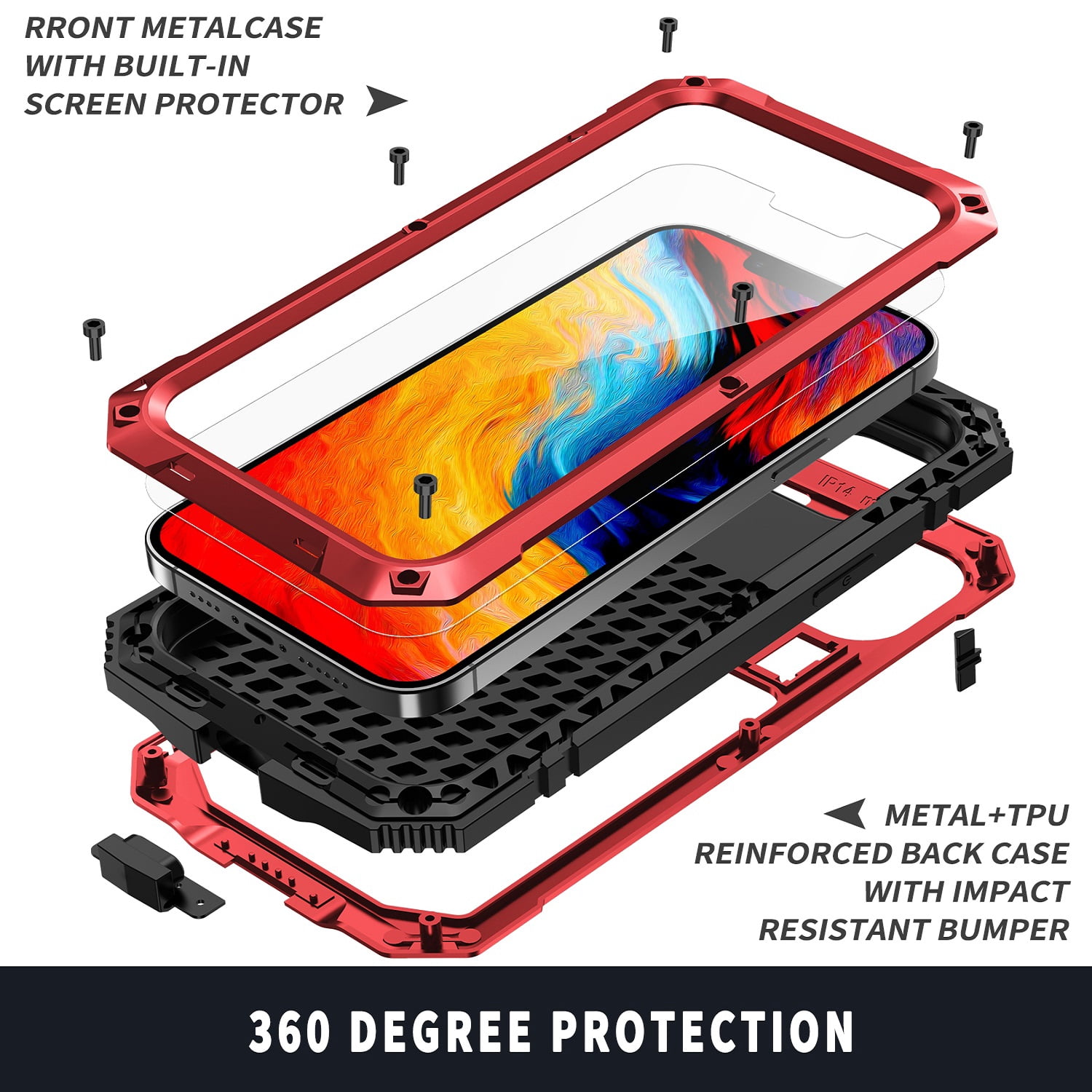 ELEHOLD for iPhone 14 6.1 Inch 2022 Case, Heavy Duty Armor Built-in Explosion-Proof Tempered Glass Screen Protector Wireless Charging Hang Rope Hidden Kickstand Shockproof Rugged Case,Red