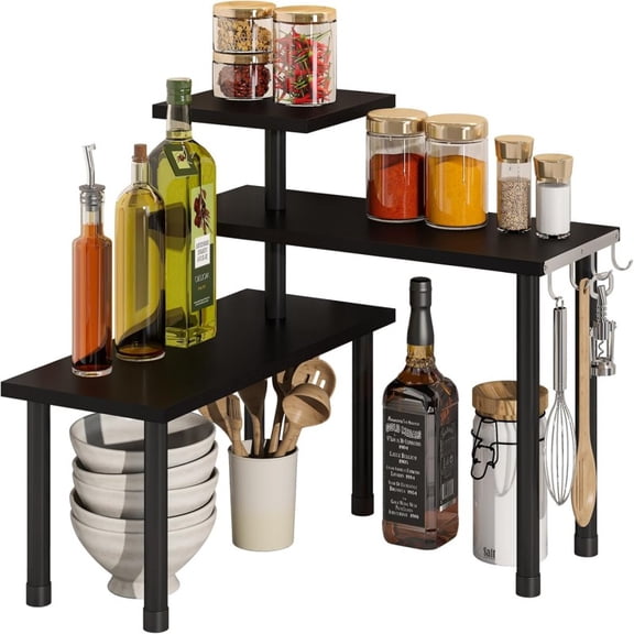 Black 3-Layer Wooden Corner Storage Rack, Space Saving Display Stand for Kitchen, Living Room, Office, Entryway - Natural Finish