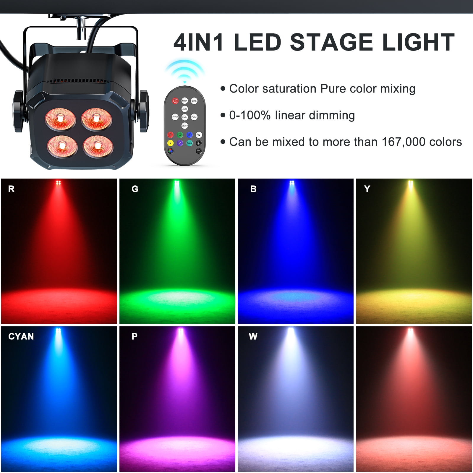 4 LED Stage Par Lights,RGBWYP+CYAN DJ Light Sound Activated ,Remote & DMX Controlled for Stage Party Club Disco Wedding Events