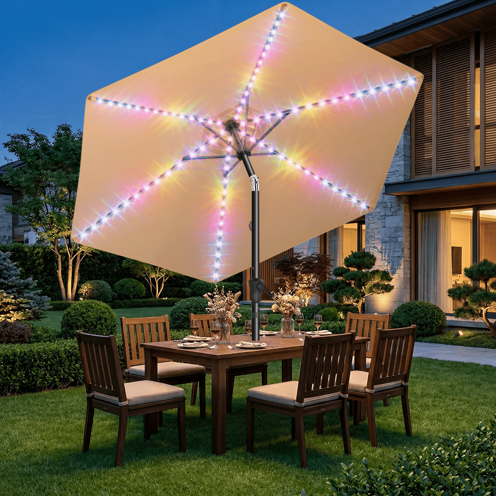 TASKBAY 9ft Solar Patio Umbrella with Colorful LED Lights, 45° Tilt Adjustment Outdoor Umbrella for Garden, Backyard, Pool, Beige (Base not included)