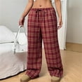 thumbnail image 3 of ZZwxWA Womens Lounge Pants Y2k Plaid Print Drawstring Wide Leg Pants with Pockets Ladies Elastic Waist Casual Trousers, 3 of 3