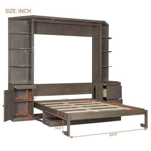 Queen Murphy Bed with Desk, Hidden Workstation, Storage Shelves & Cabinets, Wall Bed with Lights, Light-Distressed Gray