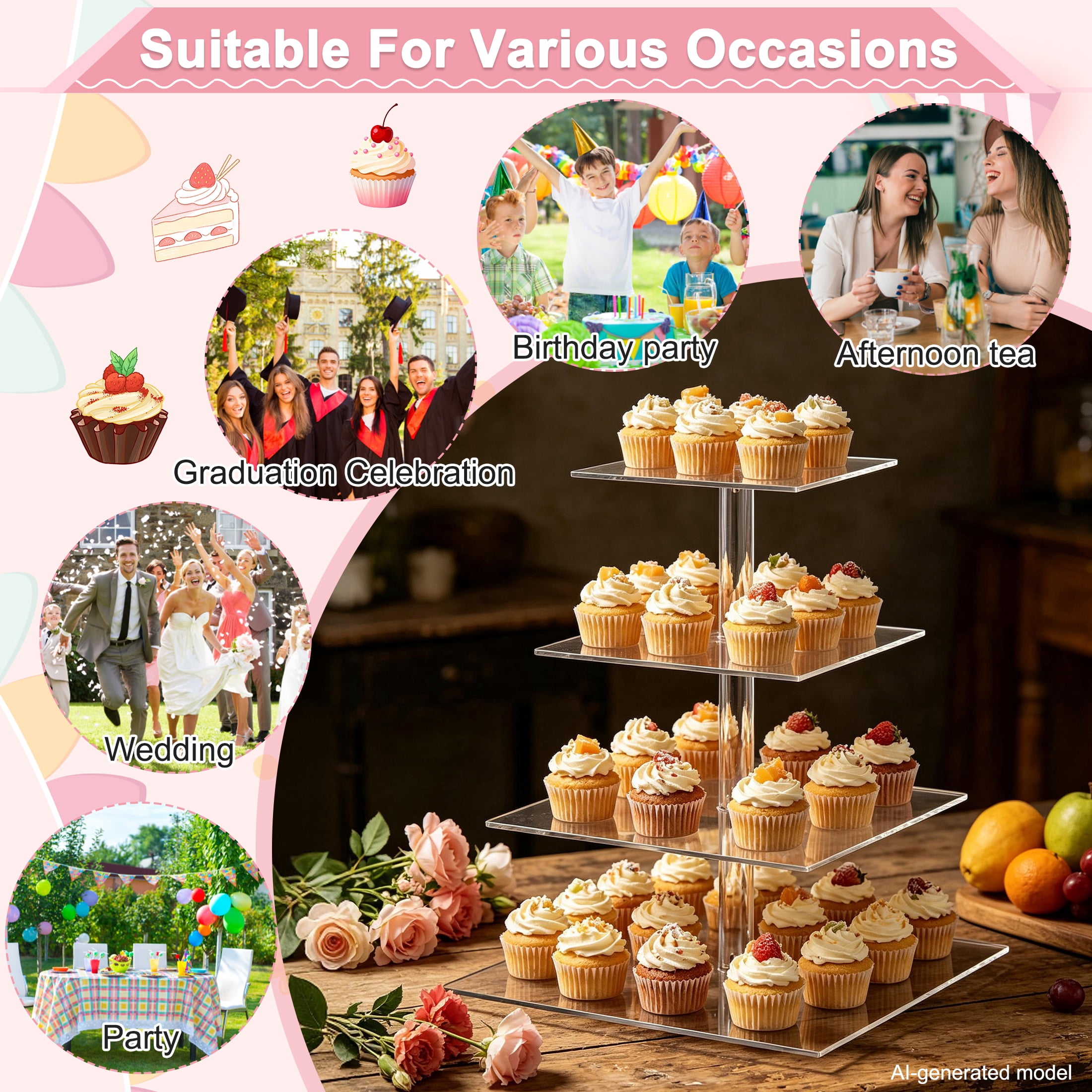 4‑Tier Square Cupcake Stand, Clear Dessert Tower Display Holder with LED Light String, Holds up to 50 Cupcakes for Birthday Wedding Party Tea Serving