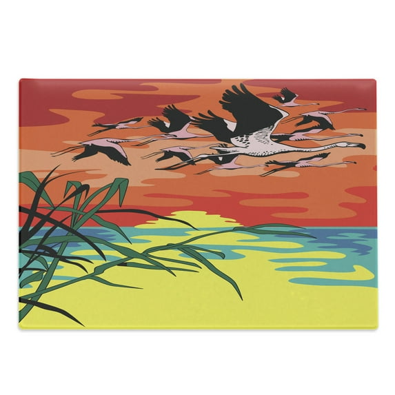 Flamingo Cutting Board, Flamingos Flying in the Air with Horizon Landscape Illustration Savannah Art, Decorative Tempered Glass Cutting and Serving Board, Large Size, Multicolor, by Ambesonne