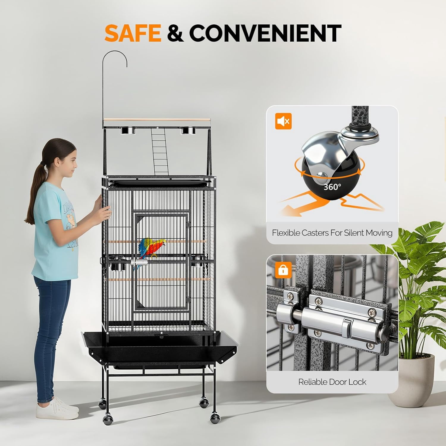 VINGLI Bird Cage, 83 Inch Wrought Iron Bird Cage with Play Top, Rolling Parakeet Cage for Cockatiels Lovebird Finches Canaries