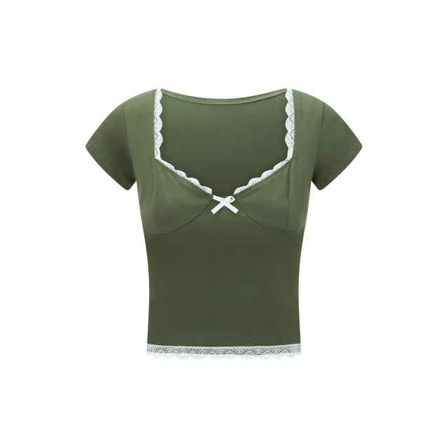 Mialoley Hauts Courts en Dentelle pour Femmes Manches Courtes Col Cœur Mini Nœud devant T-Shirt Slim Doux