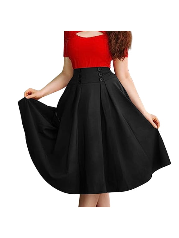 Mikilon Women Casual High Waiste Skirt Solid Color Button Down Skirt Pleated Long Skirts