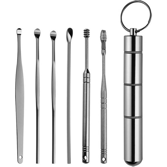 Casewin Earplugs and Wax Tool Set, with an Ear Pick Storage Bucket Easy to Use 6-Piece Professional Ear Cleaning Tool Set for Adults Men Women(Silver)