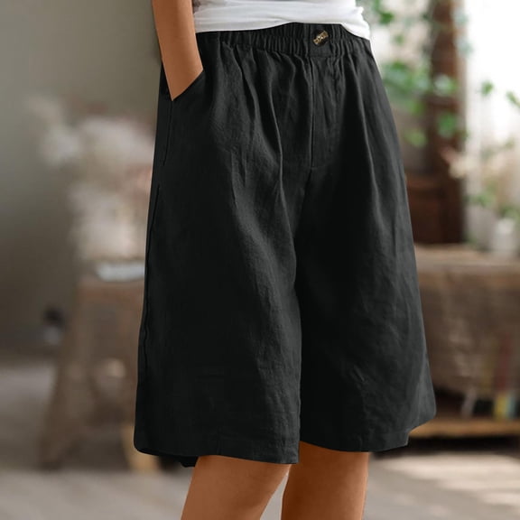 Cotton Linen Shorts for Women Loose Fit Knee Length Bermuda Shorts Casual Wide Leg Elastic Waist Workout Shorts