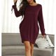 thumbnail image 3 of Vestido túnica con puños atados y bolsillos, cuello redondo, manga larga, vestido holgado de color puro, de gran tamaño, para mujer, rojo vino L, 3 of 8