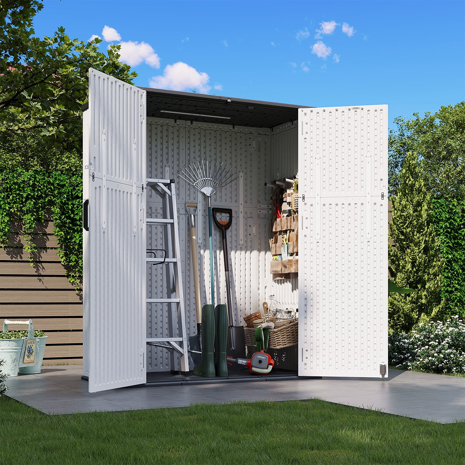 YardCache Waterproof Steel Tool Storage Storage Shed Kit with Floor, 67 in x 42 in x 24 in, White