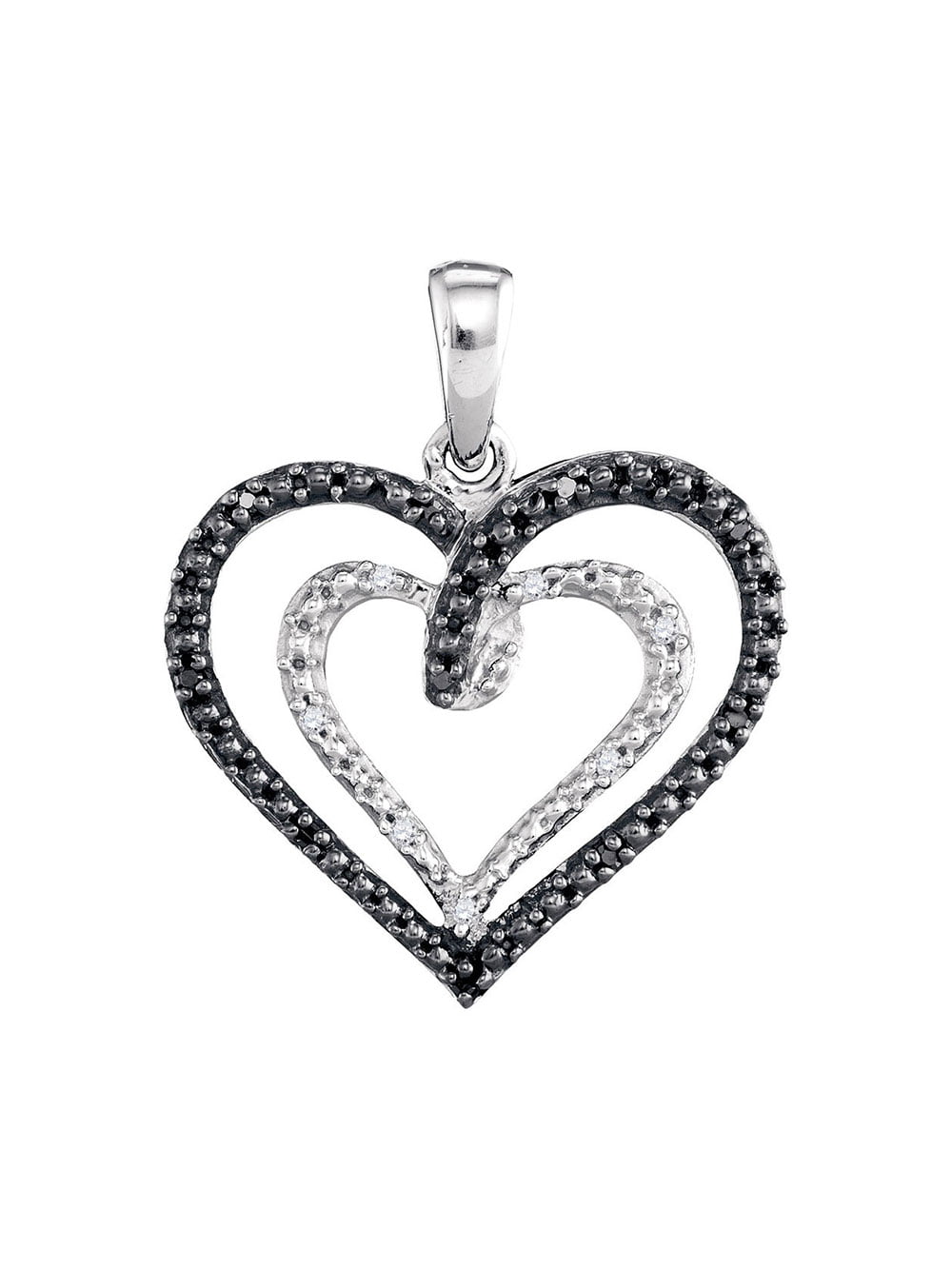 Sterling Silver Womens Round Black Color Enhanced Diamond Double Nested Heart Pendant 1/20 Cttw 