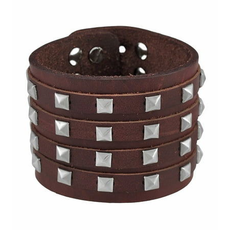 - Brown Leather 4 Row Pyramid Studded Wristband Bracelet