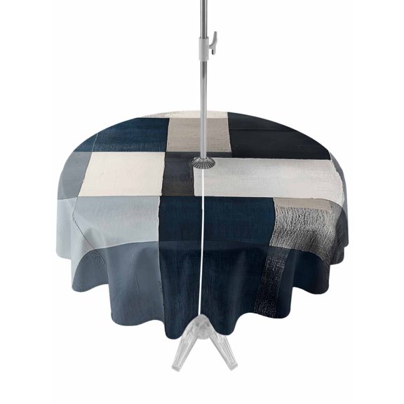 Outdoor Table Cloth with Umbrella Hole and Zipper, Black Blue Geometric Waterproof Round Tablecloth 54 Inch, Vintage Abstract Gradient Art Washable Table Cover for Outside Party Patio Picnic