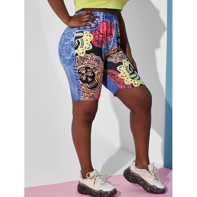 Talla grande Psychedelic Bandana 3D Jean Print Shorts Rosegal Pantalones cortos de talla grande