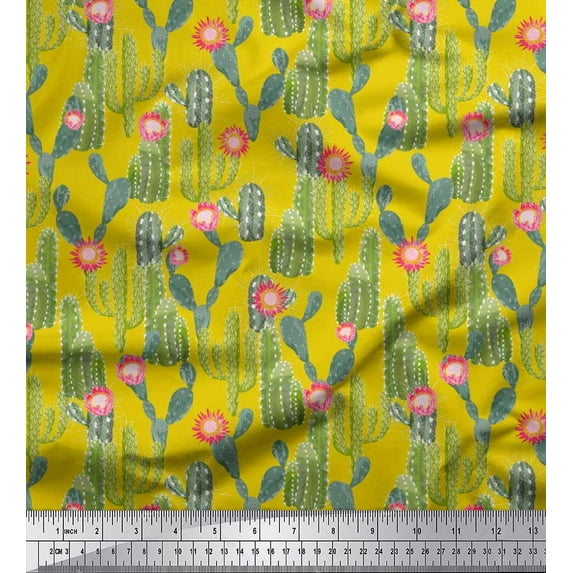 Soimoi Yellow Cotton Jersey Fabric Flower & Cactus Tree Print Fabric by The Yard 58 Inch Wide