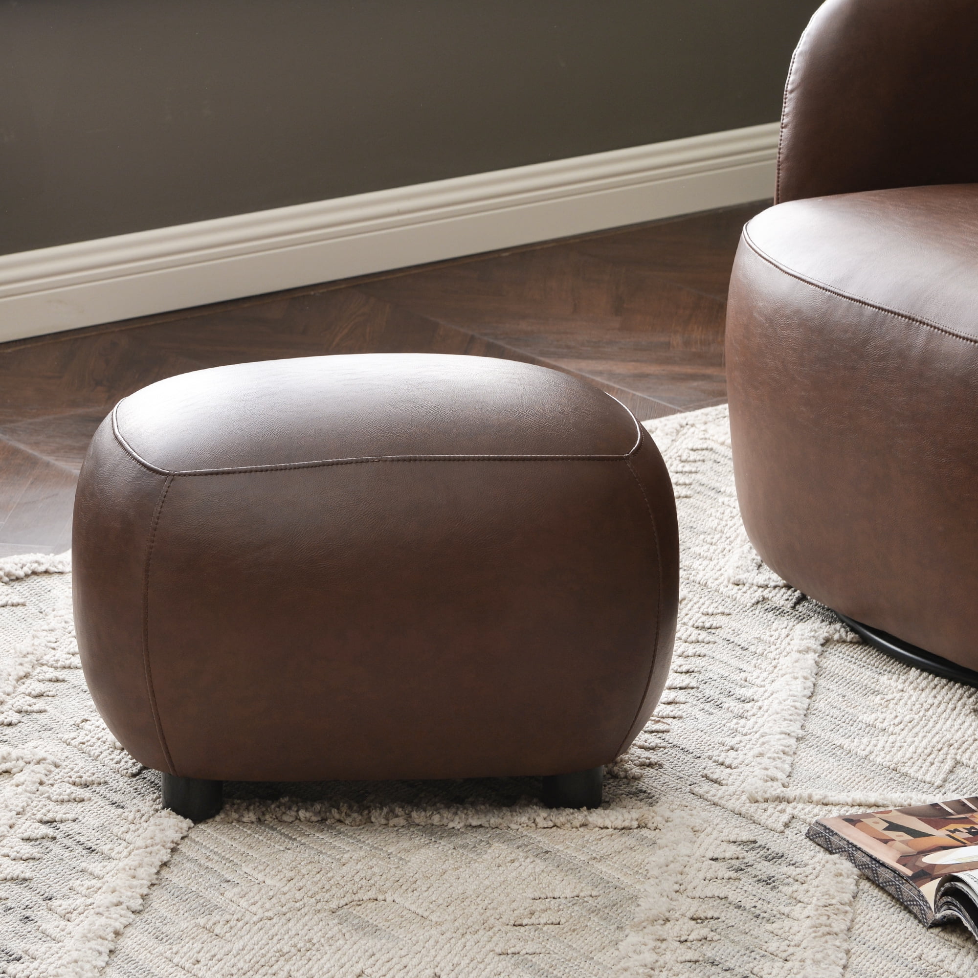 23" Wide Faux Leather Upholstered Ottoman, Mid-Century Modern Living Room Footrest with Soft Padded Seat, Footstool for Bedroom, Entryway or Living Room, Dark Brown