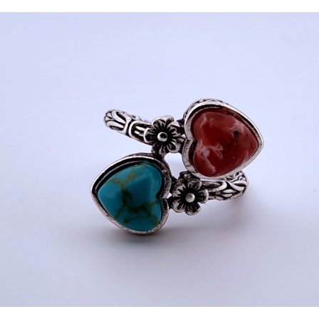 Size 7 Red & Blue Turquoise Heart Silver Ring S7RBTHSR2