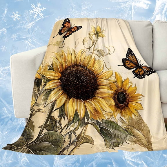 Sunflower Cooling Blanket, Lightweight Breathable Summer Throw Blanket with Double Sided Cold Effect,Retro Butterfly Spring Floral Botanical Picnic Beach Blankets Bed Sheet for Hot Sleepers 60"x80"