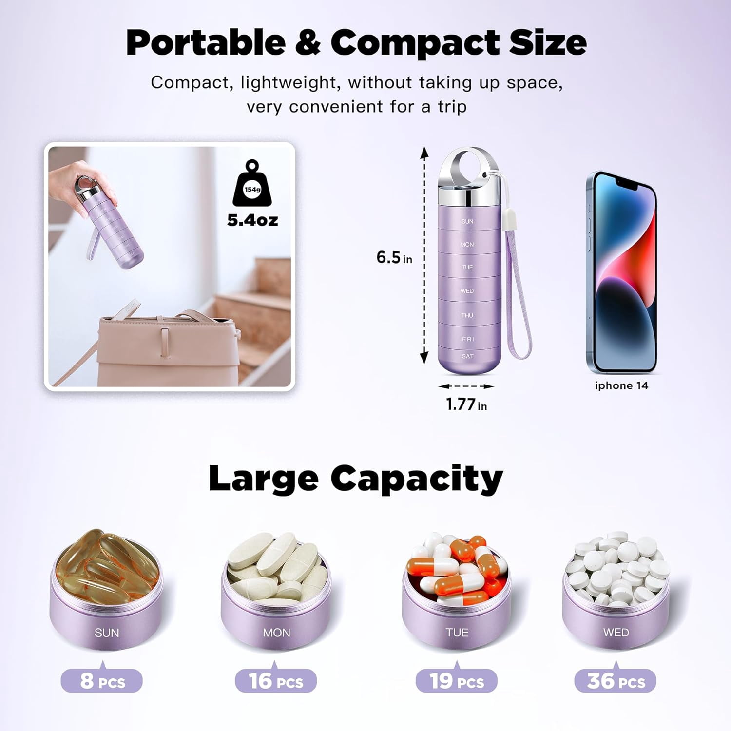 Metal Travel Pill Organizer, Portable Waterproof Weekly Pill Box, Large Aluminum Alloy Pill Case Container, BPA Free 7 Day Daily Medicine Organizer Holder for Vitamin, Fish Oil, Supplement