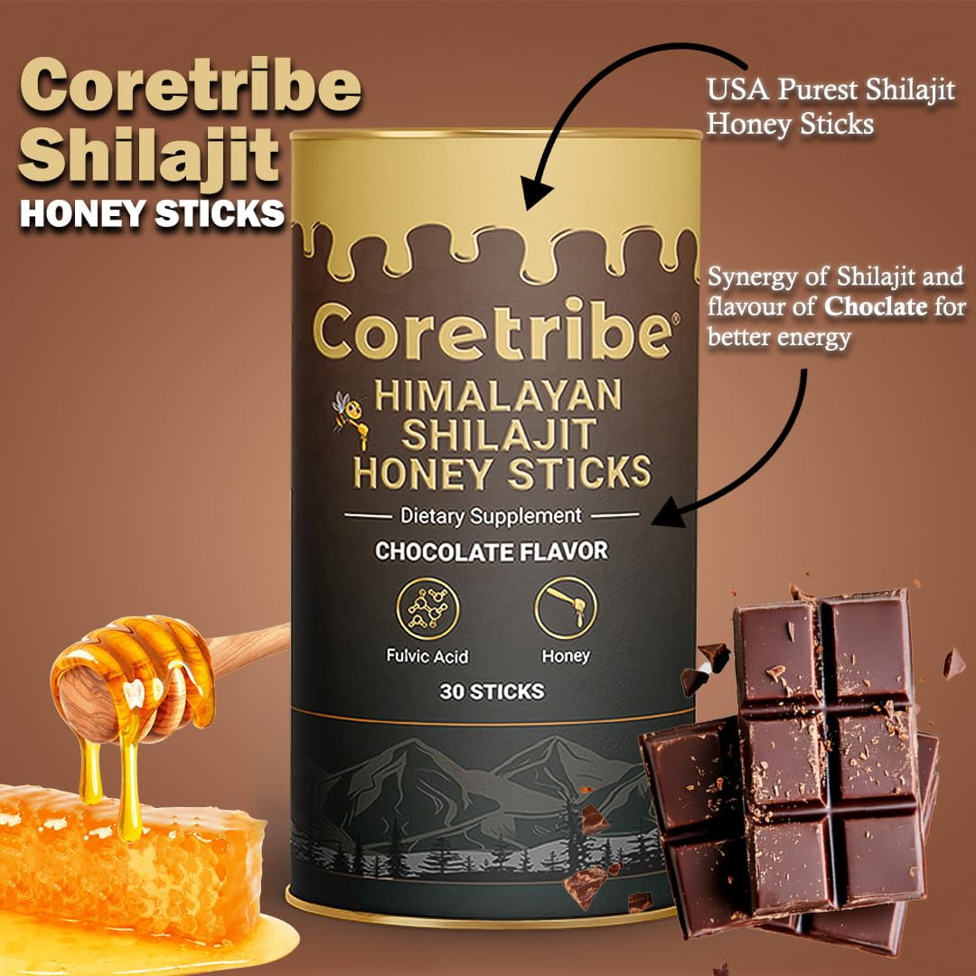 CoreTribe® Shilajit Resin, Chocolate Honey Sticks—Energy, Immunity, Fulvic Acid Men and Women 30 Sticks