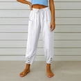 thumbnail image 2 of Tianiyouqing Breathable Linen Capri Pants for Women Petite Length Elastic Waist Wide Leg High Waisted Pajama Gauchos Pants Drawstring Loose Crop Trousers WhiteL, 2 of 6