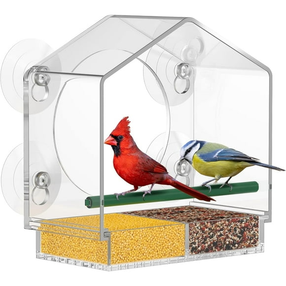 Clear Window Bird Feeder with 4 Strong Suction Cups and Detachable Seed Tray, Acrylic Birds Feeders for Outside Mounted Viewing Wild Birds Bird House