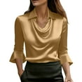 thumbnail image 3 of Elegant Ruffled Collar Three Quarter Sleeve Blouse Shirt Top for Women Solid Color Loose Fit Breathable Business Casual Summer Fashion | CSEONE,Yellow L, 3 of 9