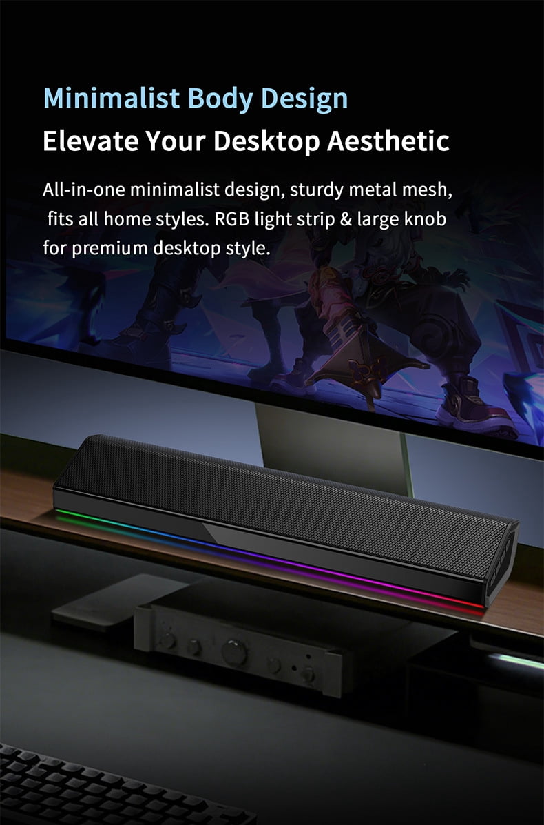 Computer Soundbar RGB Light Bar USB-C Dongle Desktop Bluetooth Speaker Wireless Subwoofer(Black)