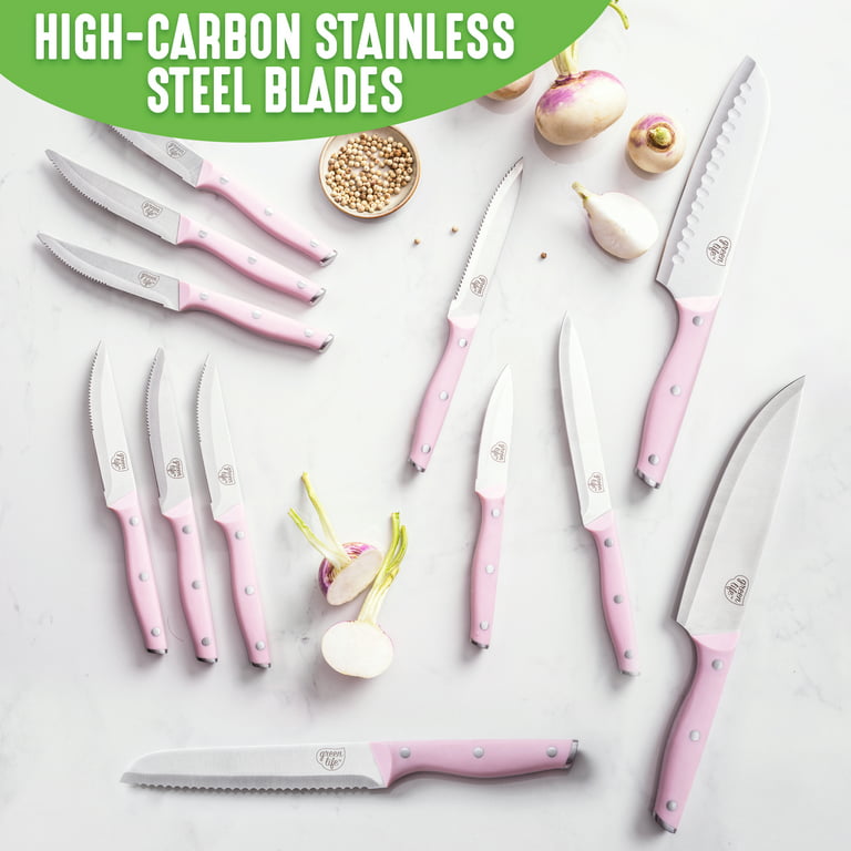 GreenLife 13-Piece High Carbon Stainless Steel Pink Wood Knife Block Set