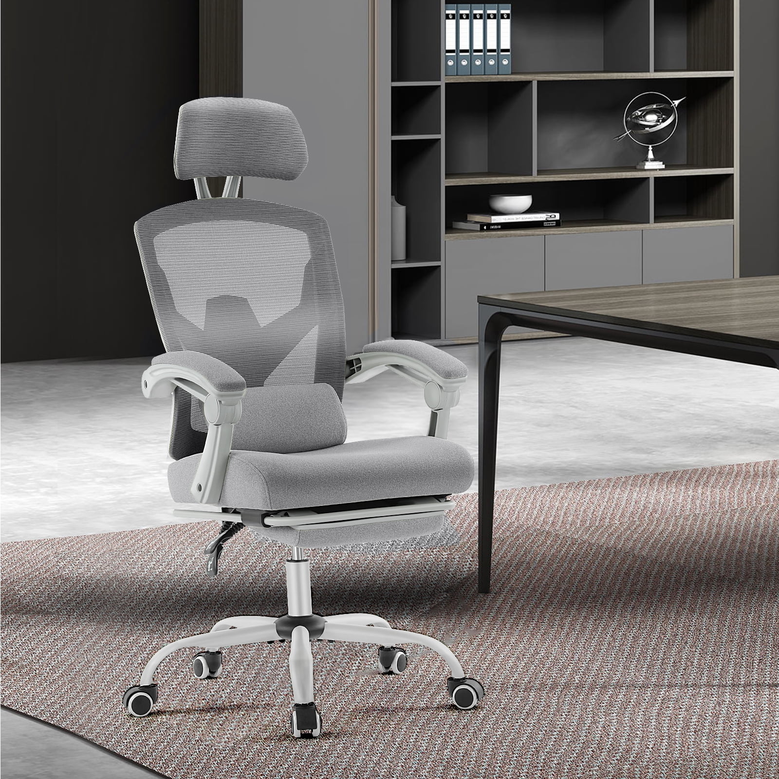 EDX Ergonomic High Back Office Chair with Reclining & Lumbar Support, Adjustable Headrest, Footrest, Padded Arms, Gray