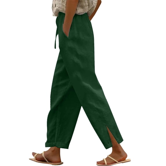 HKYNLAG Linen Pants for Women Summer Casual Petite Pants Breathable Cotton Linen Trousers Loose Straight Leg Side Slit Lounge Pant with Pockets Dark Green S