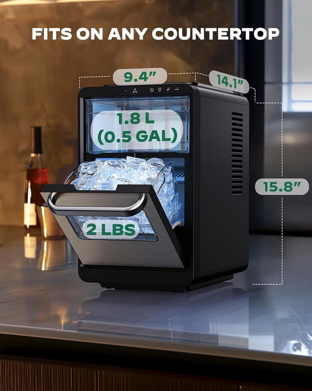 Countertop Crescent Ice Maker with Clear Slow-Melting Ice, Adjustable Ice Thickness, Timer Function, Self-Cleaning Ice Machine, Makes 16 Cubes in 15 Minutes, Up to 22 lbs Per Day