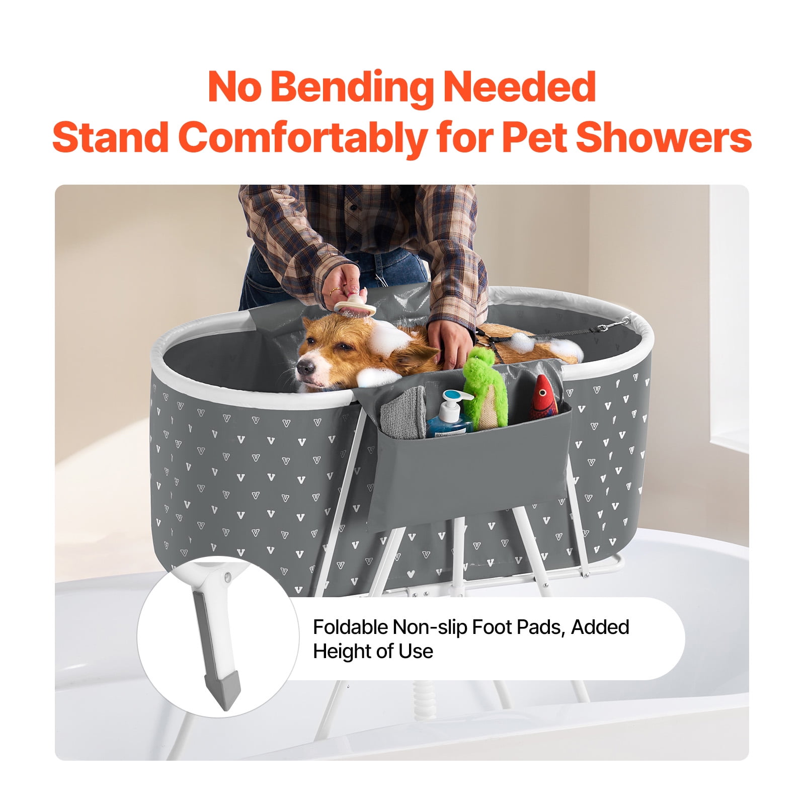 KFFKFF Portable Elevated Dog Bathtub, Foldable Pet Shower Station with Quick Drainage, Bathing Tub for Grooming Small to Medium Dogs and Cats Indoors or Outdoors, Grey