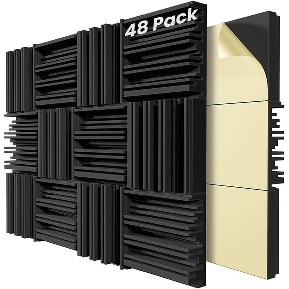 48 Pack Self-Adhesive Sound Proof Foam Panels for Wall,12" X 12" X 2" Acoustic Panels,High Resilience Sound Proofing Foam,Sound Absorbing Panel for Home Studios, Offices - Black