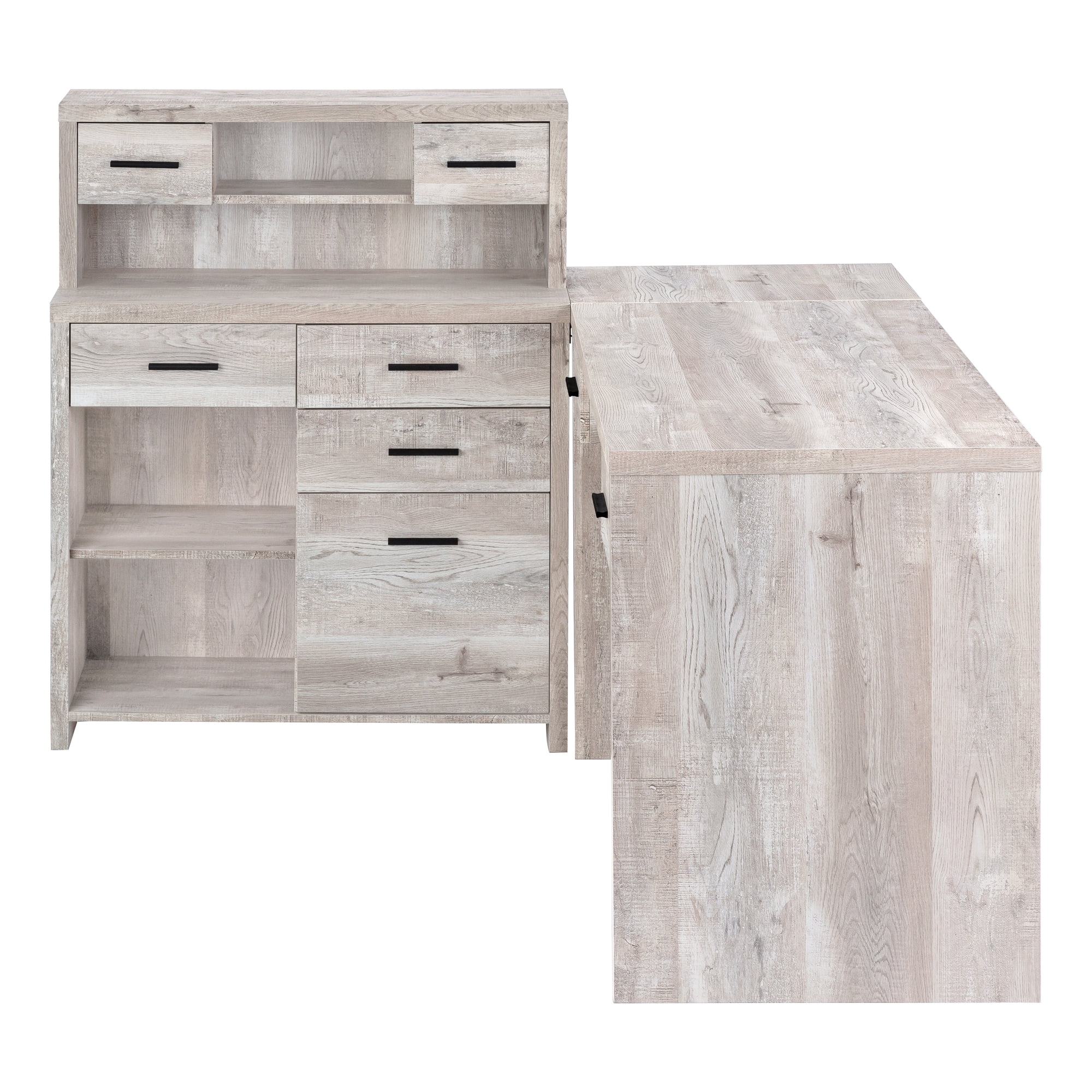 Computer Desk - L-Shaped / Corner / Hutch / 8 Drawers / 3 Cubbies / Reversible - 63"L X 59"W - Taupe Reclaimed Wood-Look