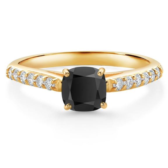 Gem Stone King 0.71 Ct Cushion Black Onyx G/H Lab Grown Diamond 10K Yellow Gold Engagement Ring (Size 6)