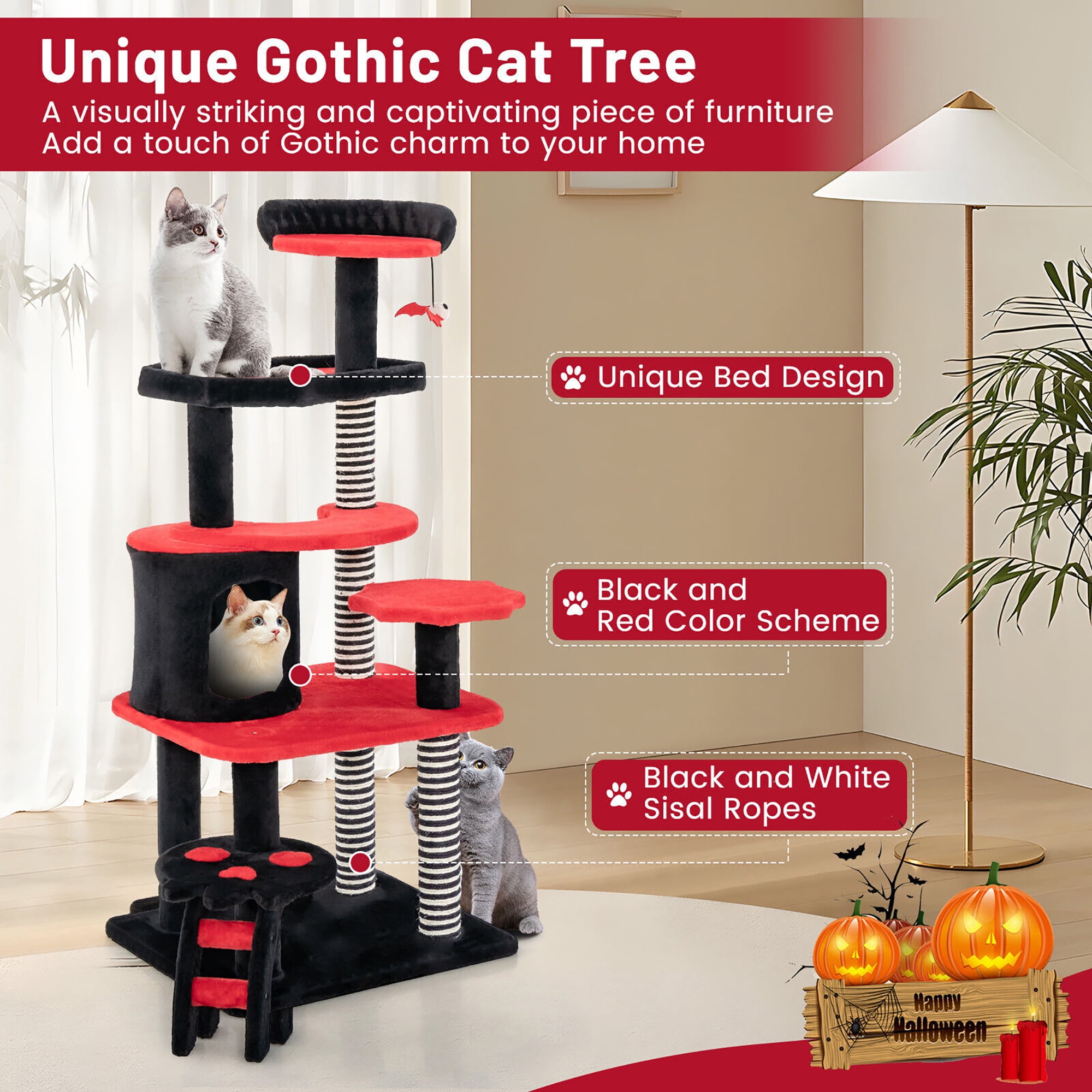 Gymax Gothic Cat Tree 52'' Tall Cat Tower w/ Cat Bed Cat Condo Sisal Scratching Post