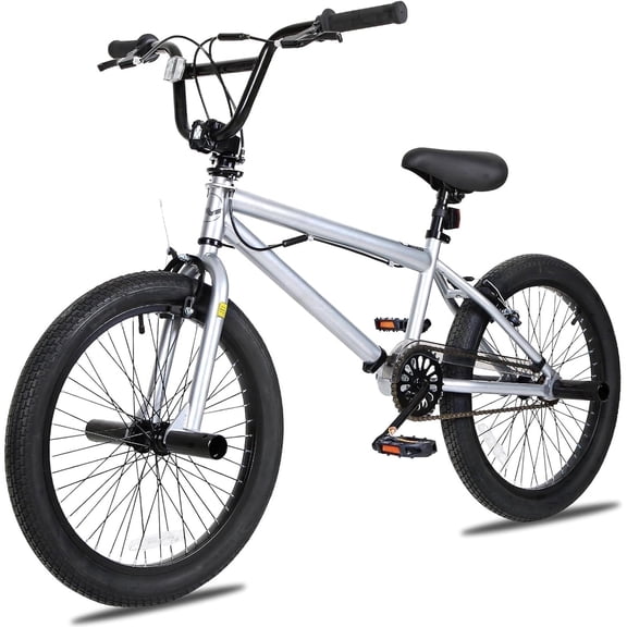 Hykolity 20 inch BMX Bike Freestyle Cycling Trick Bicycle with 4 Pegs for Teenage Adults Men Women Beginners Street Stunt Bike V-Brake Silver