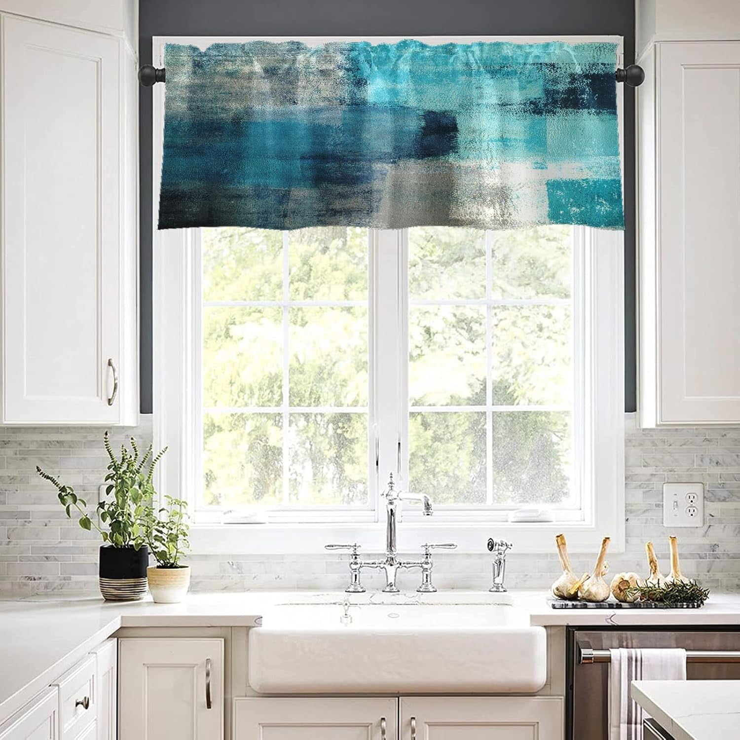 4 Pack Valances Window Treatments, Turquoise Abstract Modern Art Blackout Adjustable Valances for Living Room Bathroom Bedroom Kitchen Over Sink, 18x52 Inch Rod Pocket Valances