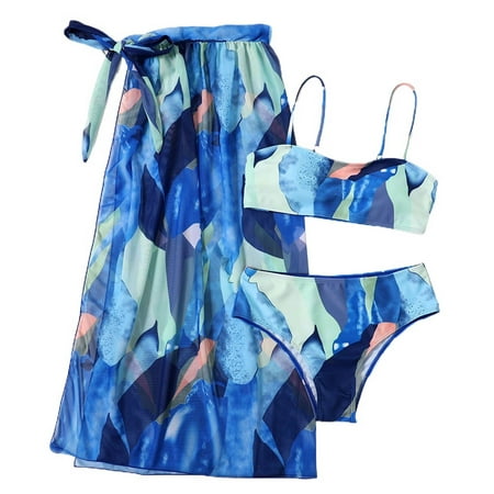 Lu s Chic Women s Sexy 3 Piece Bathing Suit Brazilian Bikini Bottoms Sheer Cheeky Cover Up Wrap Low Rise Summer Backless Swimsuit Printed Blue 8-10
