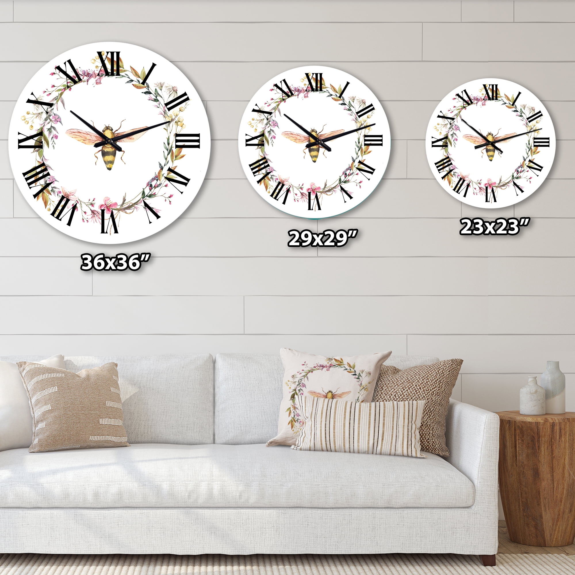 Designart 'Bee In Wildflowers Wreath' Farmhouse Wall Clock