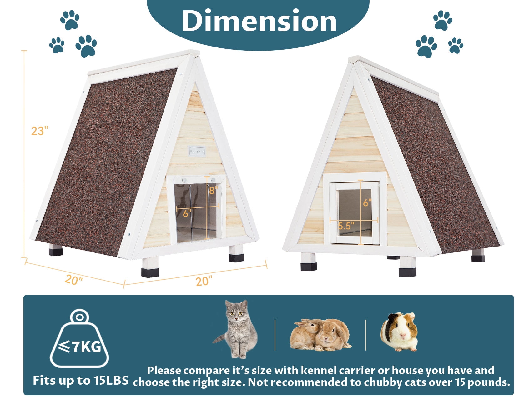Petsfit Outdoor Cat House ,Outdoor Indoor Pet House with Escape Door for Rabbits,Ferret,Guinea Pig,Dogs and Other Small Animals，Solid Wood
