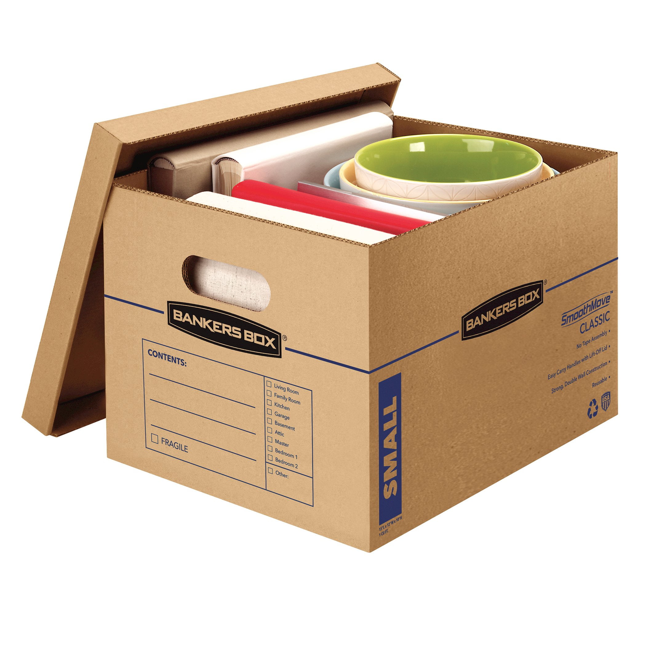 Bankers Box SmoothMove Classic Small Moving Boxes, 15l x 12w x 10h, Kraft/Blue, 10/Carton