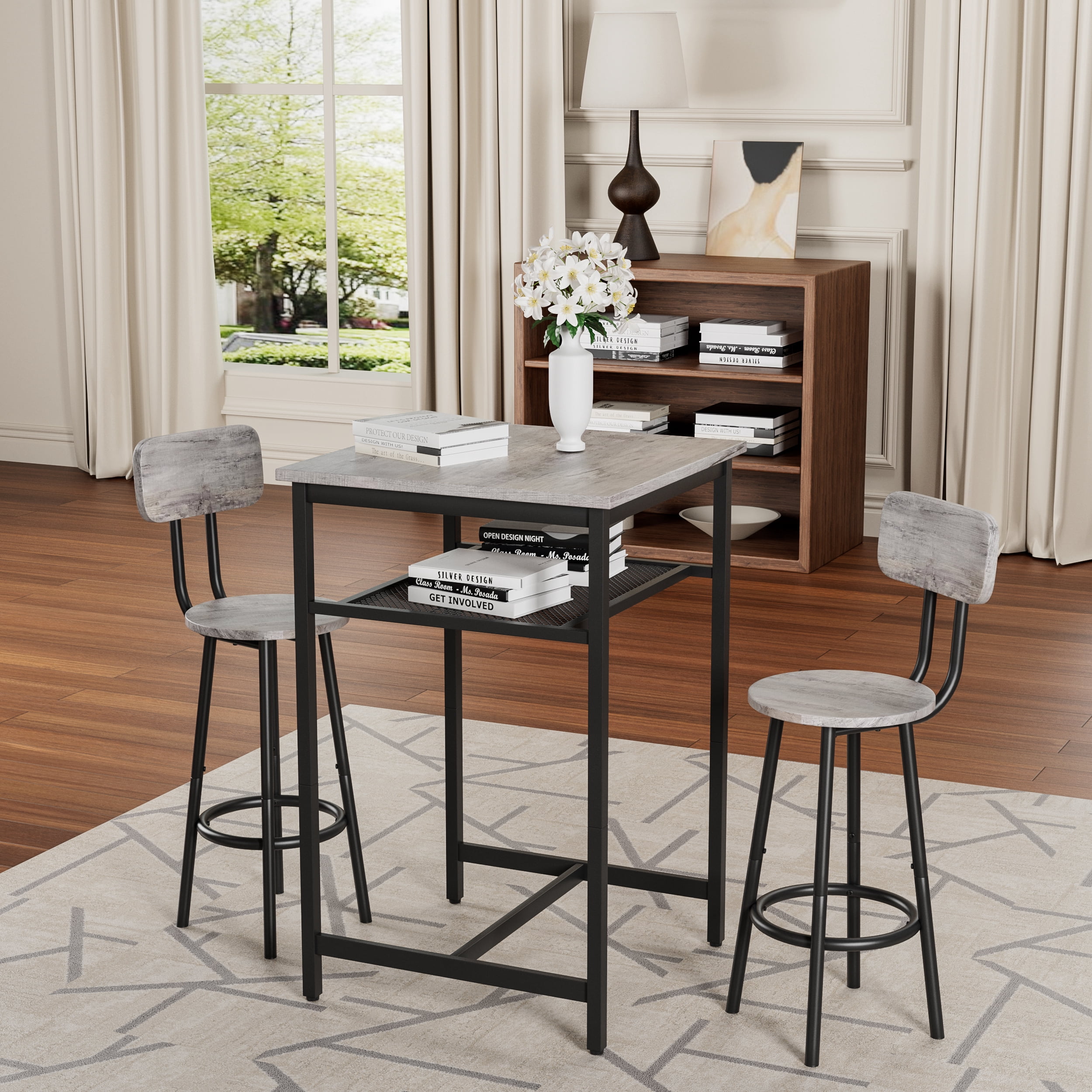 Bar Table Set of 2,Bistro Kitchen Table Sets,Wood Pub Bar Table Set with Storage Rack for Small Space, Apartment,Grey