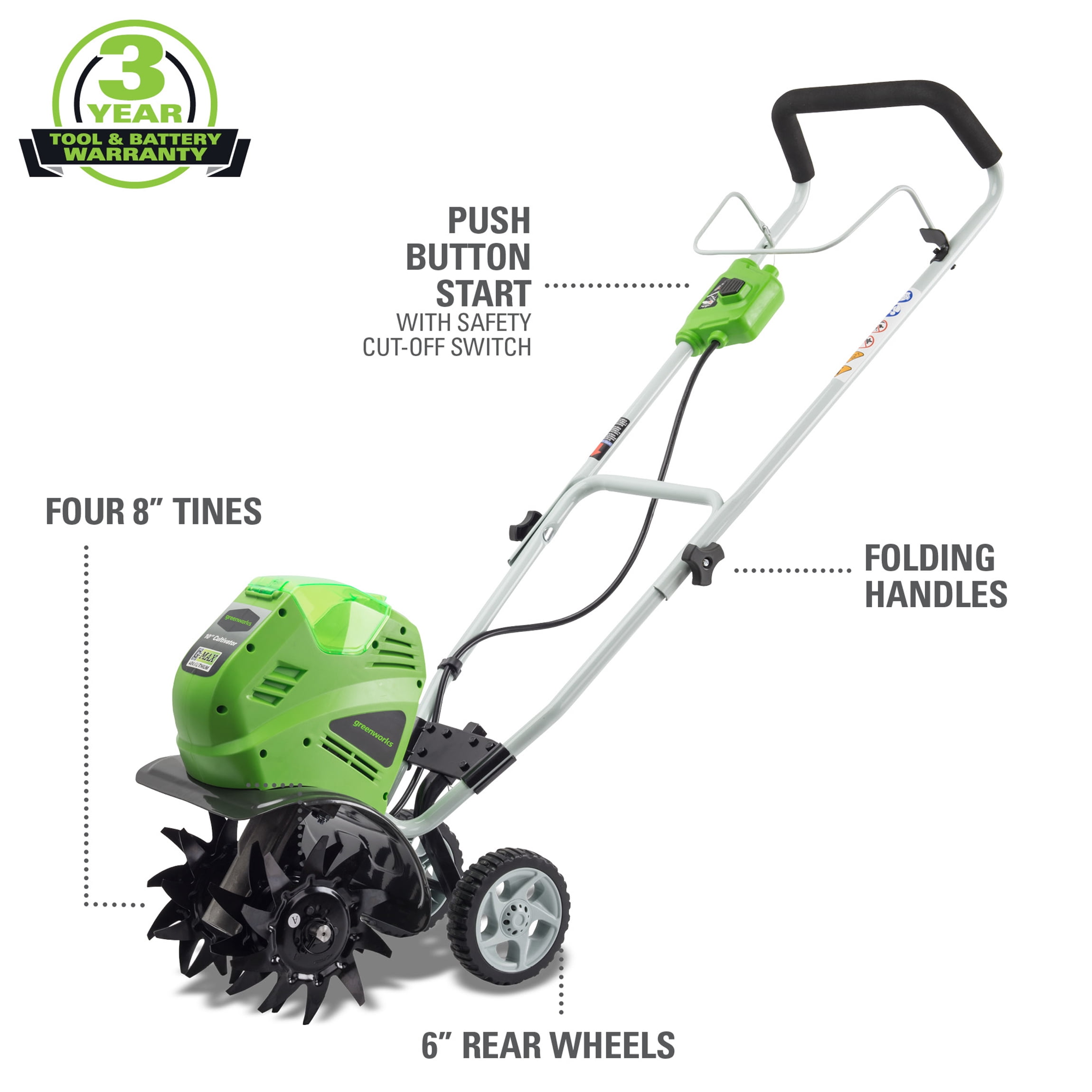 Greenworks 40V 10" Front-Tine Standard Rotating Walk-Behind Garden Cultivator, Battery Not Included 27062A