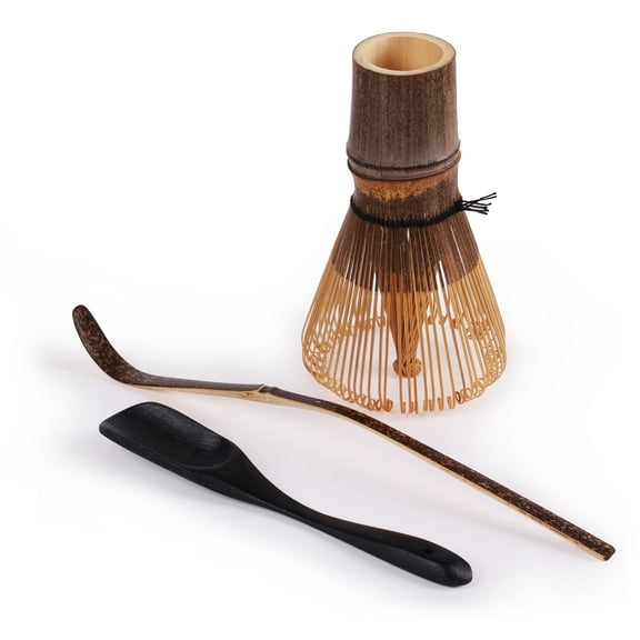 BambooMN Matcha Bamboo Whisk Set - Chasen (Tea Whisk), Chashaku (Hooked Scoop), Deep Scoop - Black - 1 Set