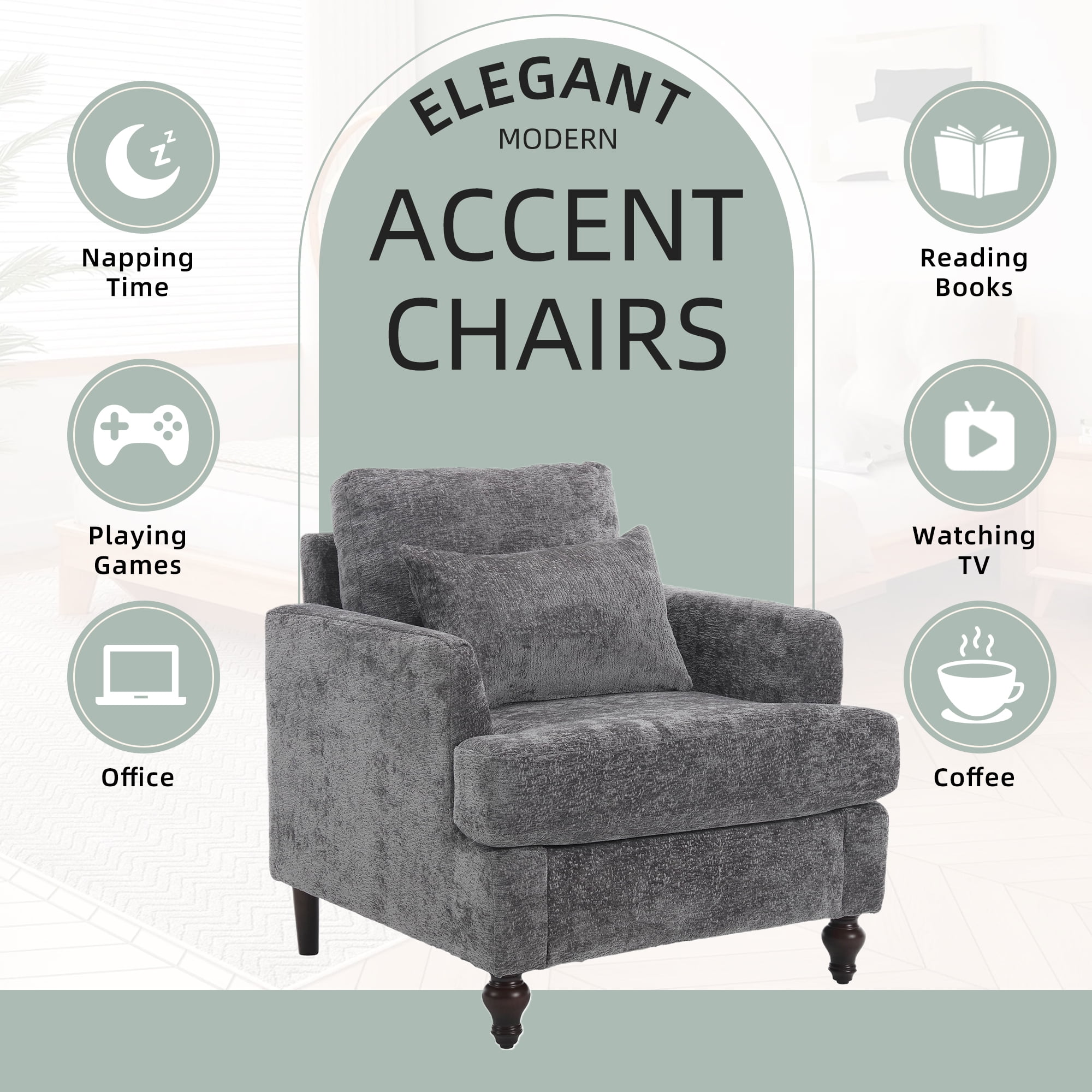 MOONMISS Modern Accent Chair, Wood Frame Upholstered Chenille Arm Chair, Comfy Small Single Couch For Living Room, Bedroom,Office Room Gray