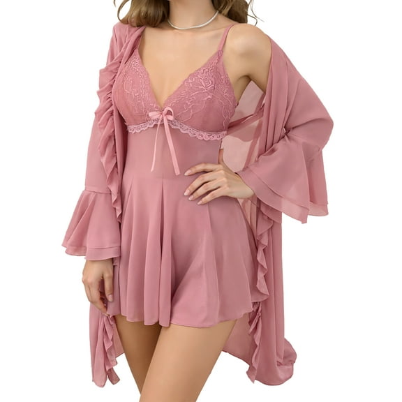 Aivtalk Womens Nightgown Mesh Lace Pajamas Sets Kimono Robes Set Nightwear Chemise V Neck Babydoll Lounge Dress 2 Piece Pink S